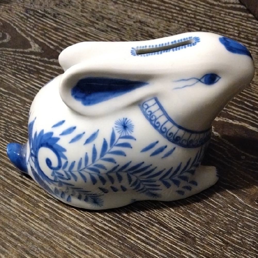 Blue and White Ceramic Rabbit Figurine Vintage